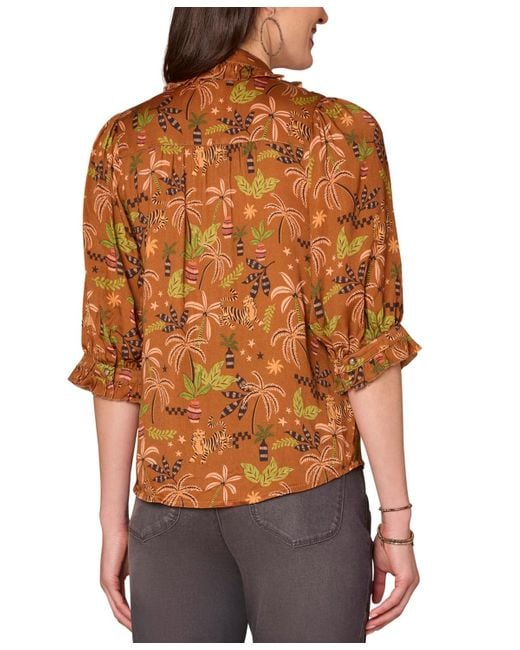Democracy Brown Petite Printed Ruffled Pintucked Top