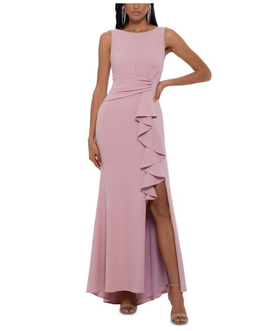 Betsy & Adam Pink Petite Boat-neck Waterfall Ruffle Detail Gown