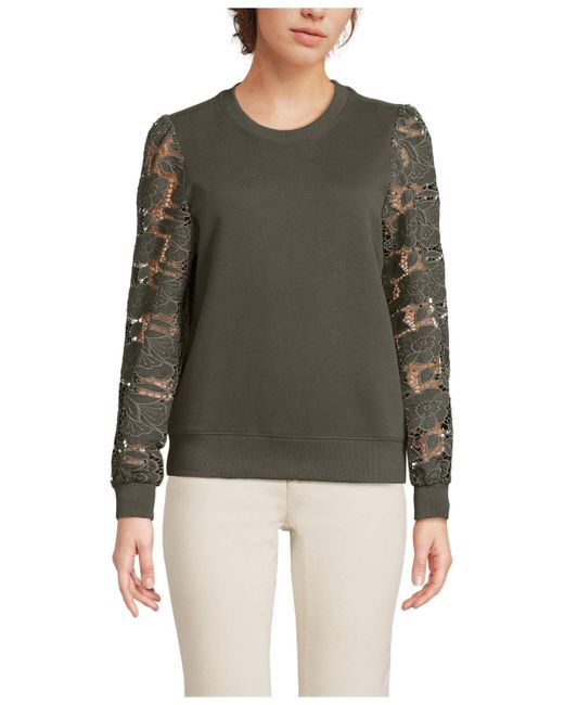 Lands' End Women's Green Serious Sweats Lace Sleeve Sweatshirt