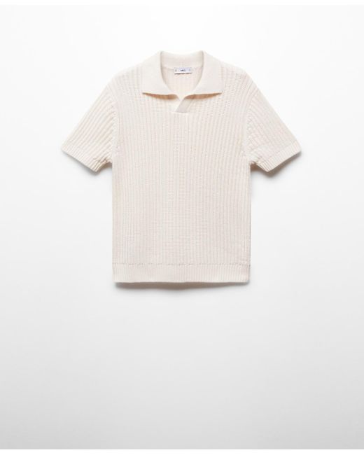 Mango White Openwork Knit Cotton Polo for men