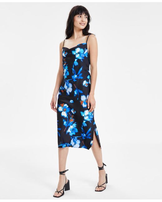 BarIII Blue Floral-print Bias-cut Midi Dress