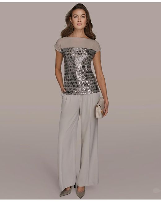 Donna Karan Brown Embellished Short-sleeve Top