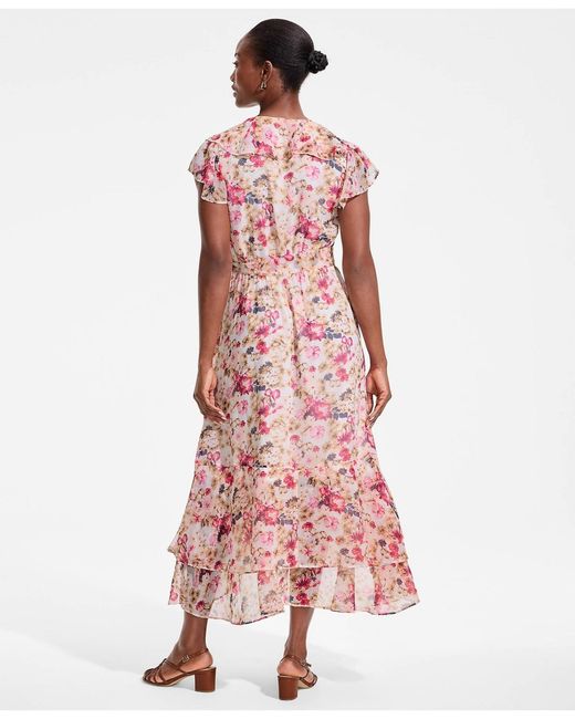 Lands' End Chiffon Flutter Sleeve V-neck Wrap Maxi Dress in Pink | Lyst