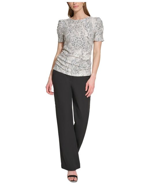 DKNY Gray Petite Snakeskin-print Ruched-sleeve Top