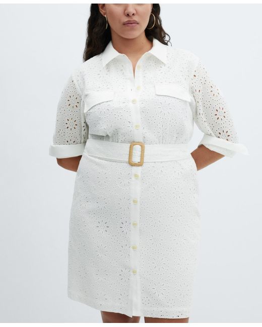 Mango White Embroidered Belt Dress