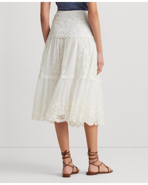 Lauren by Ralph Lauren White Embroidered Mesh Midi Skirt