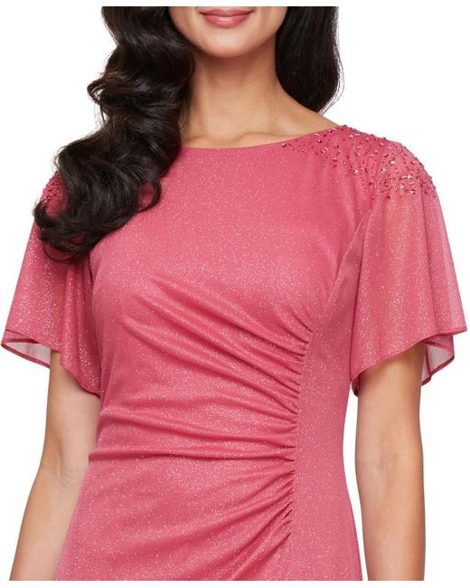 Sl Fashions Pink Plus Size Flutter-sleeve Side-ruched Glitter Gown