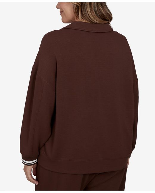 Ruby Rd Brown Plus Size Stripe Trim Drawstring Pullover Top
