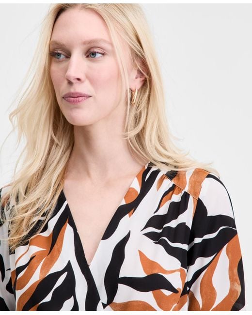 INC International Concepts Multicolor Printed Cuffed Surplice Top