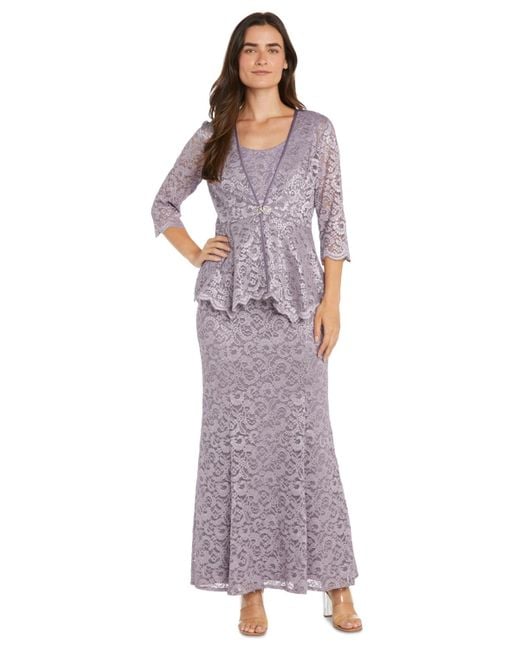 R & M Richards Purple Petite 2-pc. Metallic-lace Gown & Jacket Set