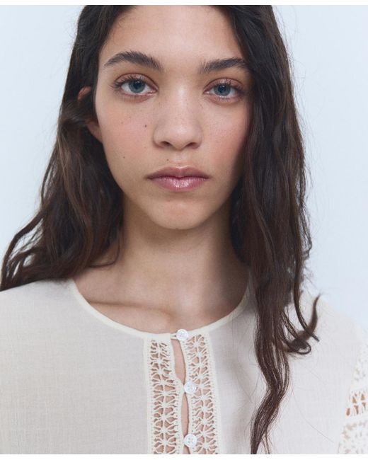 Mango White Openwork Details Embroidered Cotton Blouse