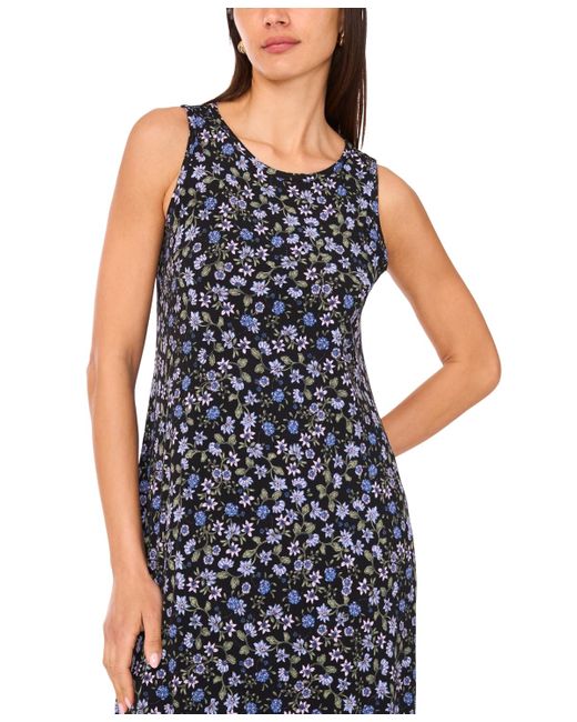 Vince Camuto Blue Floral Sleeveless Keyhole-back Crewneck Maxi Dress