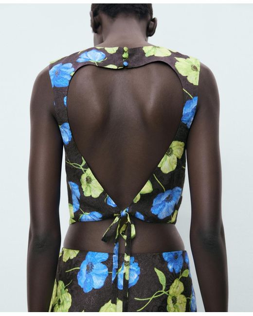 Mango Blue Open-back Floral Blouse
