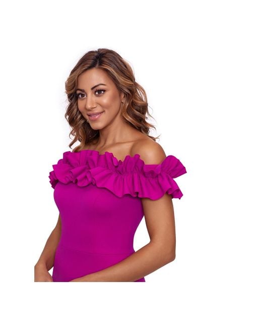 Xscape Pink Long Crepe Off The Shoulder Ruffle Gown Shorts