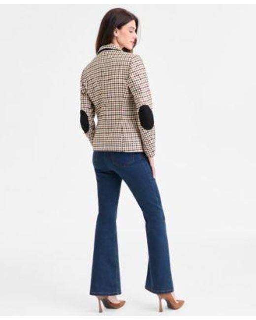 Jones New York Blue Faux Double Breasted Elbow Patch Jacket Collared Long Sleeve Top True Bootcut City Denim Jeans