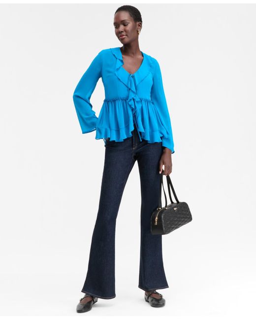 INC International Concepts Blue Printed Ruffle-collar Top