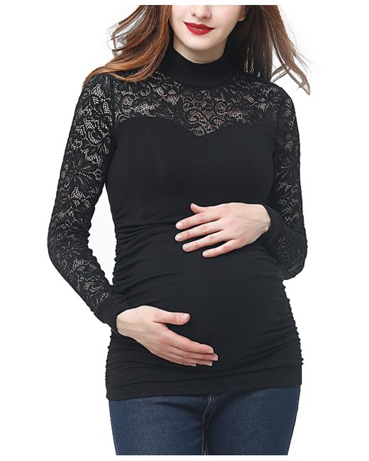 Kimi + Kai Black Kimi + Kai Maternity Mock Neck Lace Trim Top