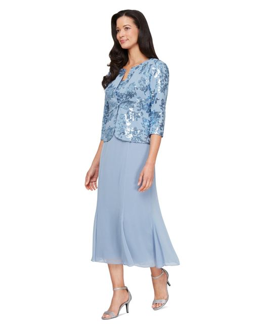Alex Evenings Blue Sequined Jacket & Chiffon Midi Dress
