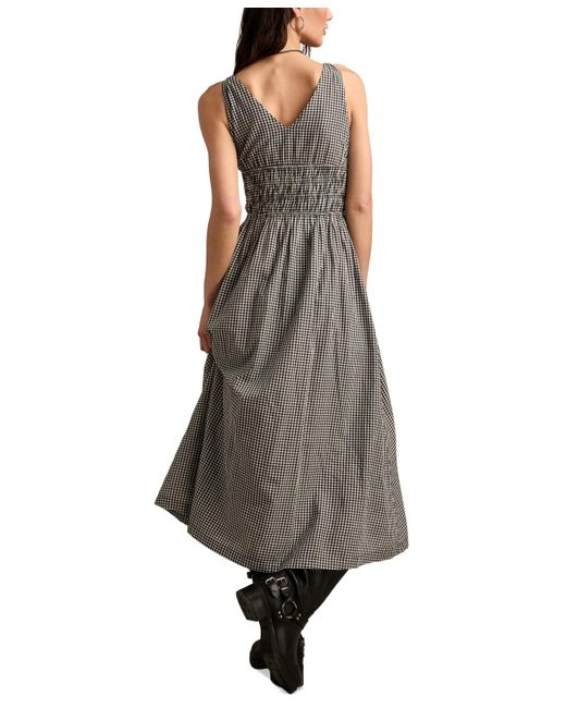 Lucky Brand Black Cotton V-neck Smocked-waist Midi Dress