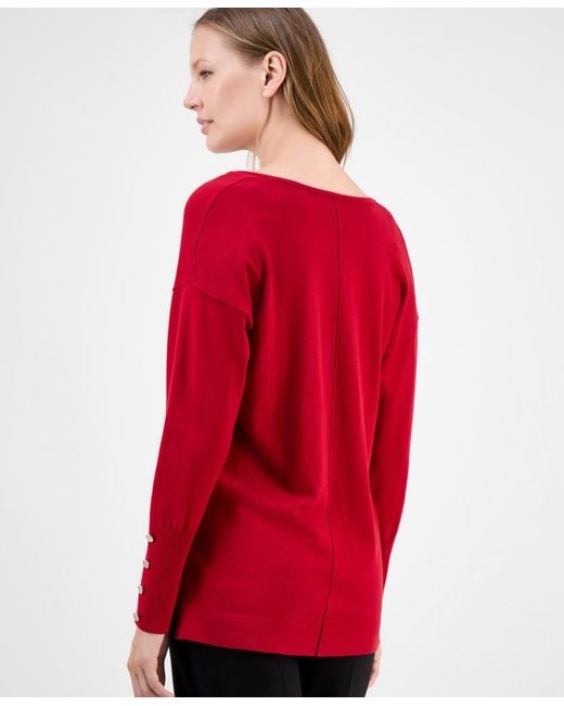 Anne Klein Red Button-cuff V-neck Top