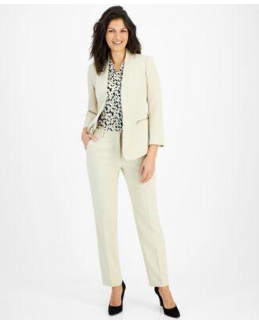 Anne Klein White Geometric Print Tie Neck Sleeveless Shell Top Straight Leg Mid Rise Ankle Pants Zipper Pocket Cardigan Blazer