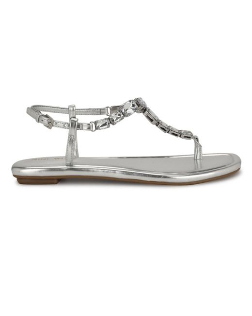 Nine West White Dynasti Embellished T-strap Flat Sandals