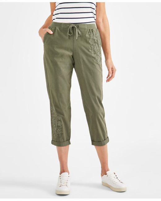 Style & Co. Green Petite Floral-embroidered Twill-tape Pants