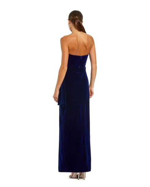 Mac Duggal Blue Strapless High Slit Draped Velvet Gown