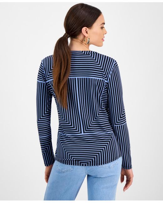 INC International Concepts Blue Petite Geometric Button-placket Top