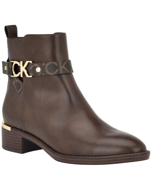 Calvin Klein Brown Dhara Logo Strap Block Heel Booties