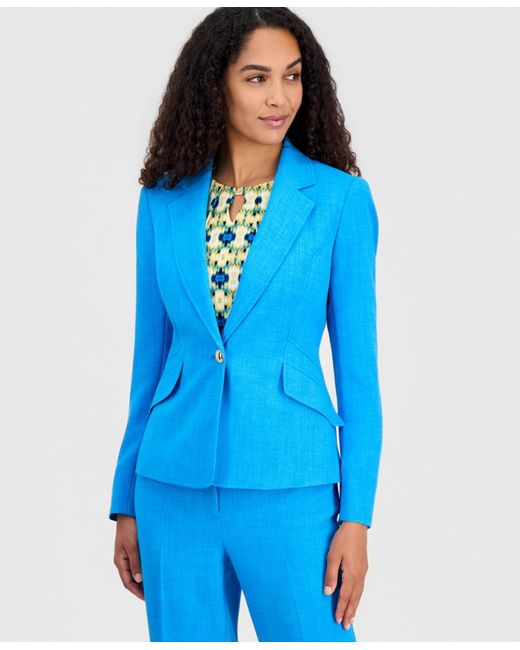 Kasper Blue Textured Notched-collar One-button Blazer