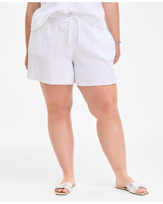 On 34th White Plus Size Cotton Gauze Drawstring Curved Shorts