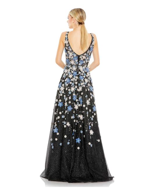 Mac Duggal Blue Floral Applique Sleeveless A-line Evening Gown