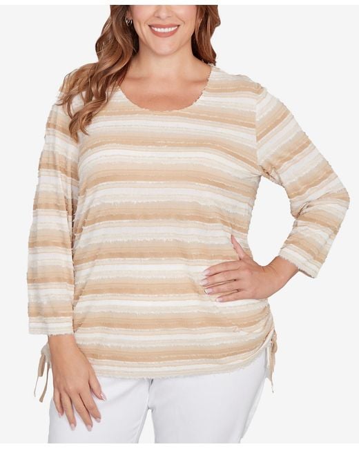 Ruby Rd Natural Plus Size Textured Stripe Drawstring Top