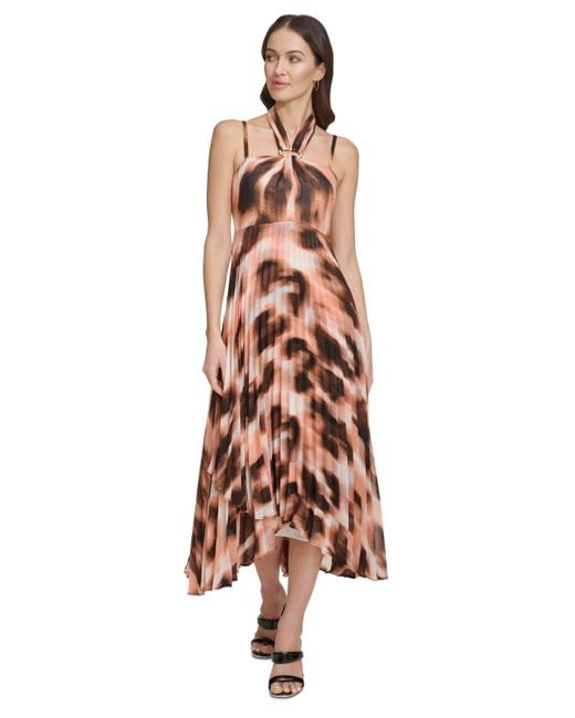 DKNY Brown Printed Pleated Asymmetric-hem Chiffon Halter Dress