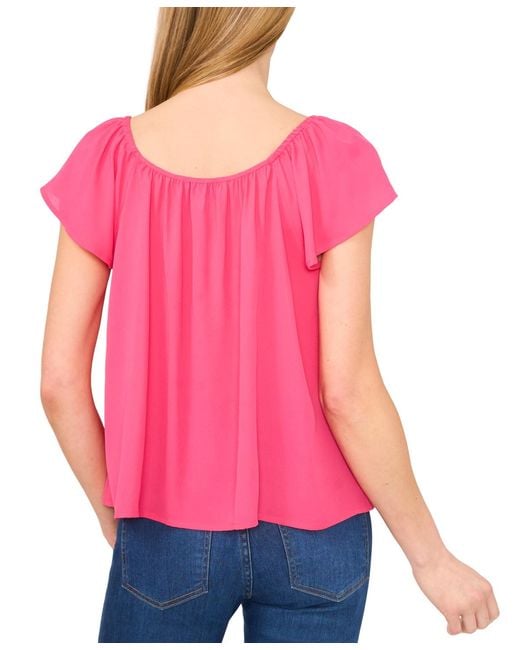 Cece Pink Round-neck Flutter-sleeve Blouse