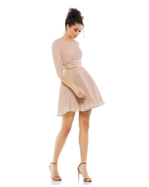 Mac Duggal Natural Ieena Shimmer Infused Pleated Mini Dress