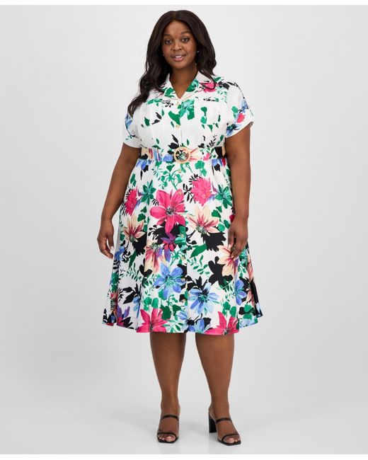 Tahari White Plus Size Printed Belted Midi Shirtdress