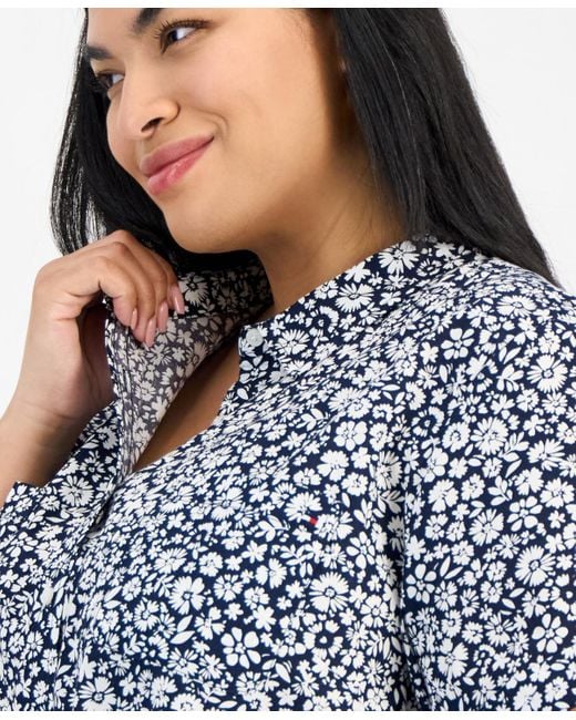 Tommy Hilfiger Blue Plus Size Cotton Ditsy-print Camp Shirt