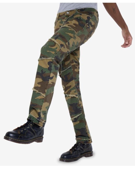 Raw X Green Printed Pieced Fringed Stacked Jeans for men