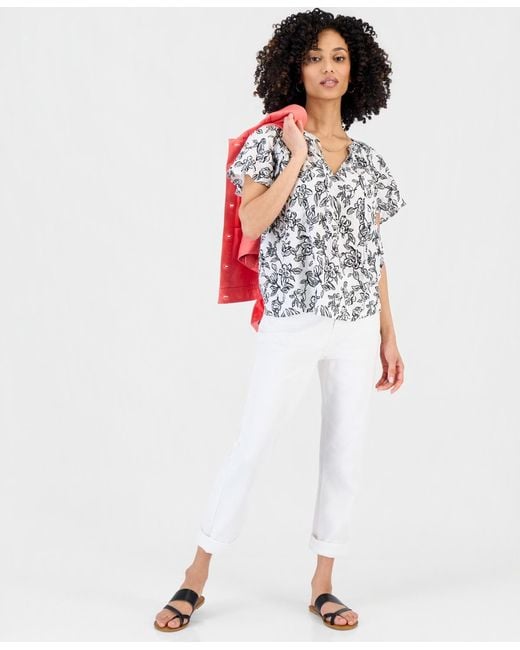 Style & Co. White Split-neck Flutter-sleeve Top