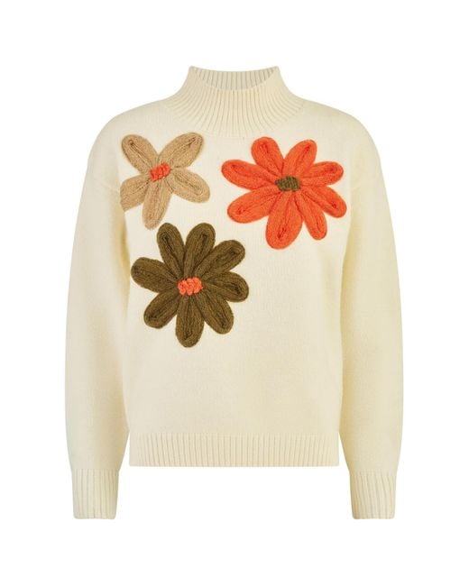 Yumi' Natural Floral Detail High Neck Knit Sweater