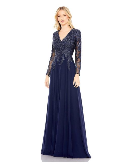 Mac Duggal Blue Embroidered Illusion Long Sleeve V Neck Gown