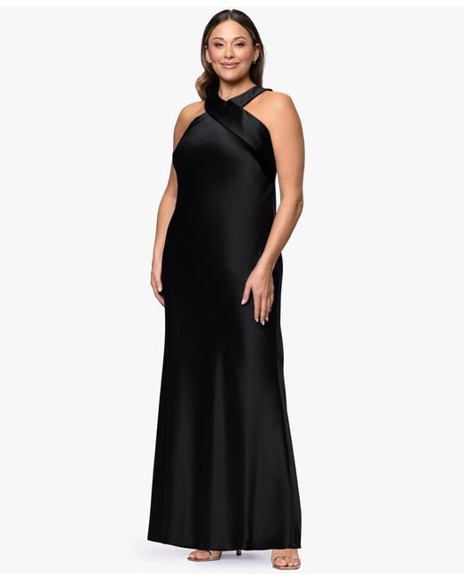 xscape plus size formal dresses Satin Tie Neck Ball Gown in Black VM: Bridesmaid Peach Prio