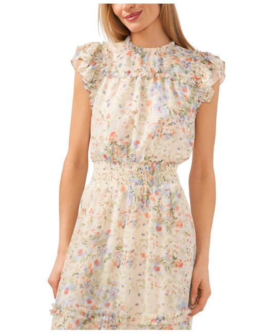 Cece Natural Floral Flutter-sleeve Midi Dress