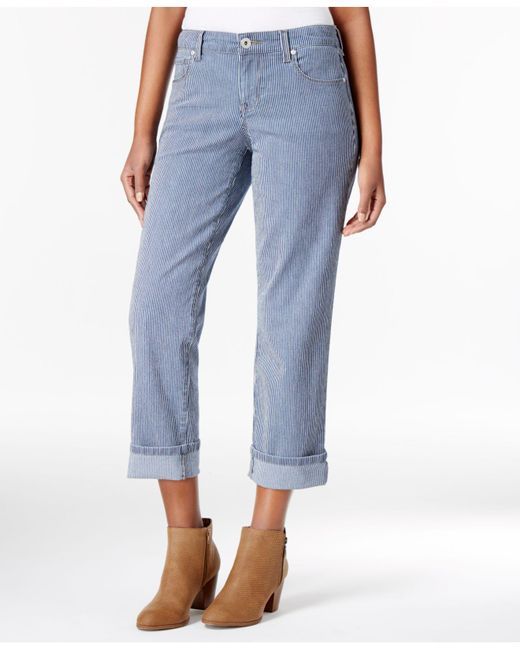 Style & Co. Blue Petite Railroad Stripe Curvy-fit Cuffed Capri Jeans