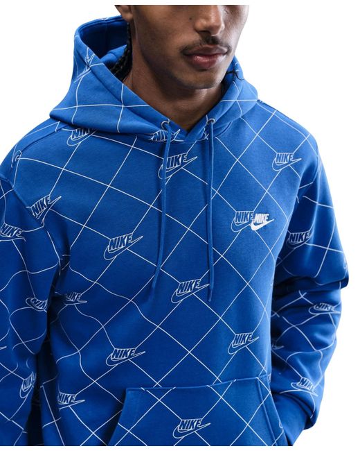 Nike Blue Sportswear Club Fleece Pullover Printed Hoodie for men