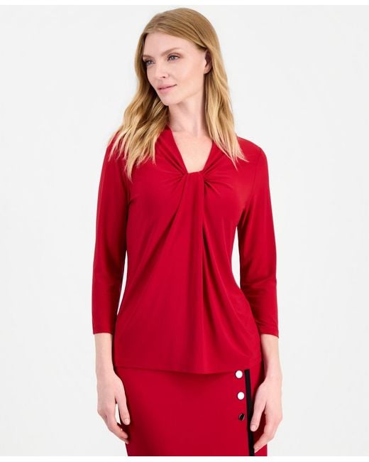 Kasper Red 3/4-sleeve Tie Neck Solid Blouse