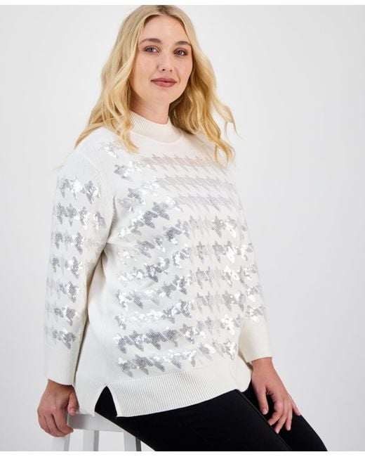 Anne Klein White Houndstooth Sequinned Sweater