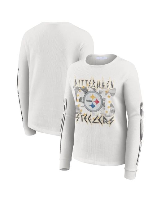 WEAR by Erin Andrews Women's White Pittsburgh Steelers Graphic Waffle Long-sleeve T-shirt